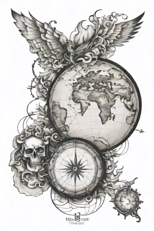 "Create a tattoo sketch on a white sheet of paper, featuring the following elements: a cartographic map with a translucent background tattoo design idea