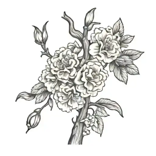 Orange Tree Branch with carnations daffodil marigold tattoo design idea