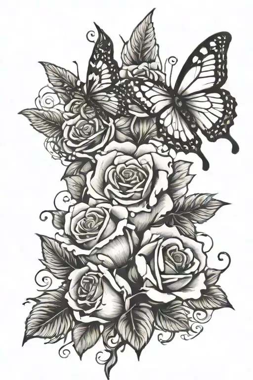 never give up quote, roses and butterflies tattoo design idea