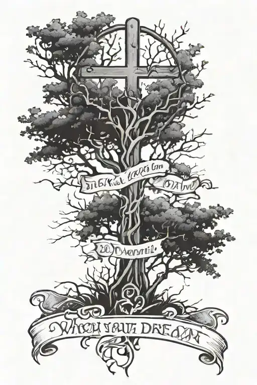 cross with with trees and the words "When you have a dream, you've got to grab it and never let go." written in it for  tattoo design idea