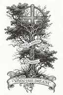 cross with with trees and the words "When you have a dream, you've got to grab it and never let go." written in it for  tattoo design idea