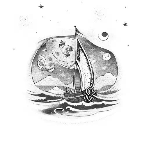 viking ship with crashing waves and starry night sky tattoo design idea