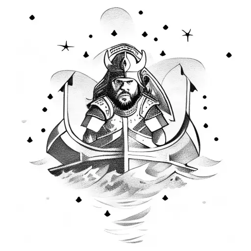 viking warrior on a viking ship with crashing waves and starry night sky tattoo design idea