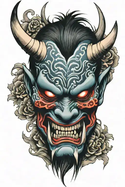 oni mask split in half tattoo design idea