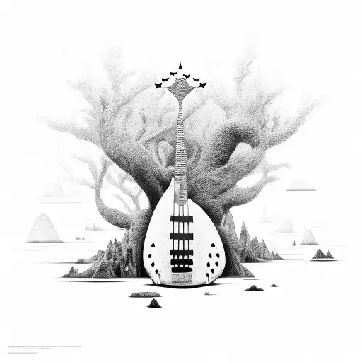 A surreal landscape with a giant bass guitar as the focal point tattoo design idea