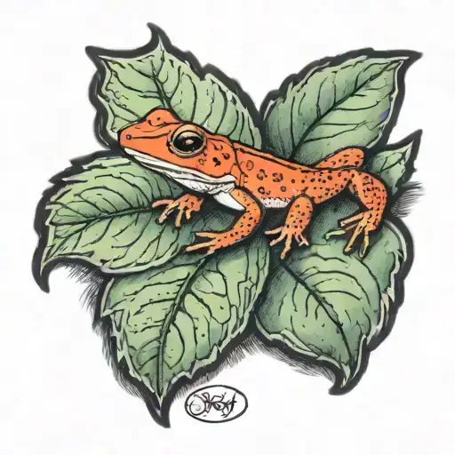 lifelike red eft on top of a flat greyrock partially covered with a green leaf tattoo design idea