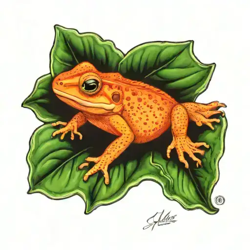lifelike red eft on top of a flat greyrock partially covered with a green leaf tattoo design idea