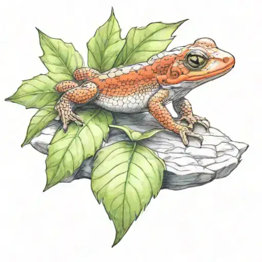 lifelike cute red eft on top of a flat greyrock partially covering the eft with a green leaf tattoo design idea
