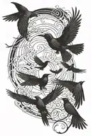 7 separate ravens and white doves flying up in a spiral pattern, with a scythe in the middle  tattoo design idea