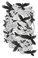 7 separate ravens and white doves flying up in a spiral pattern, with a scythe in the middle  tattoo design idea