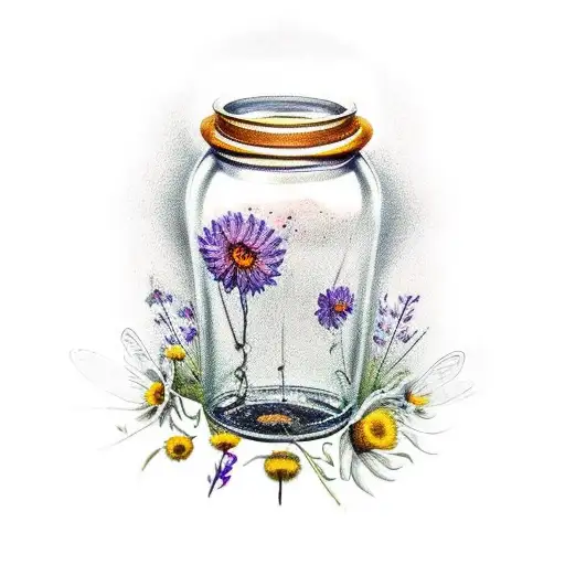 honey jar, wild flowers, bee, butterflies  tattoo design idea