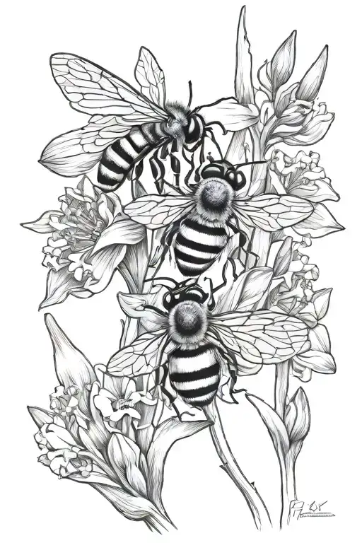 Dafodills with stem and  a small bumble bee tattoo design idea