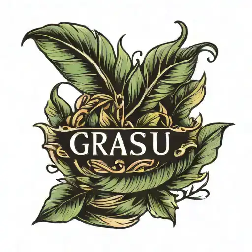 laurel wreath wrapped and text Grasu tattoo design idea