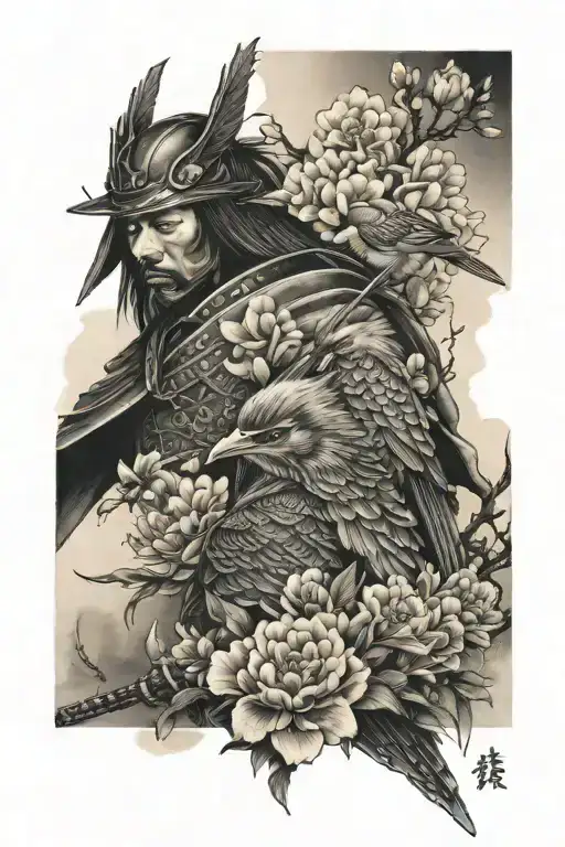 Japanese samurai warrior birds flowers tattoo design idea