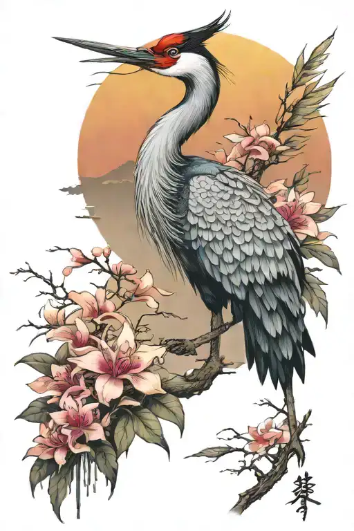 Japanese samurai warrior crane flowers trees colors sunset tattoo design idea