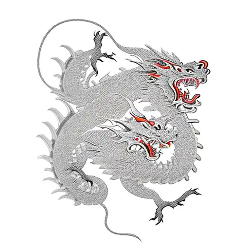 Japanese-style dragon on the mountain, at the bottom of the mountain there is a samurai - a tiger with a katana in his h tattoo design idea