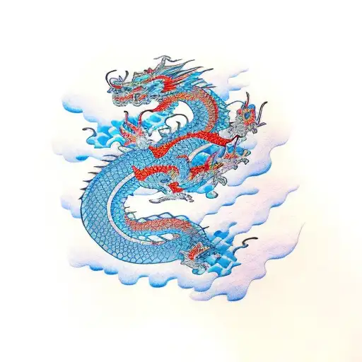 Dragon with blue eyes and blue mustache tattoo design idea
