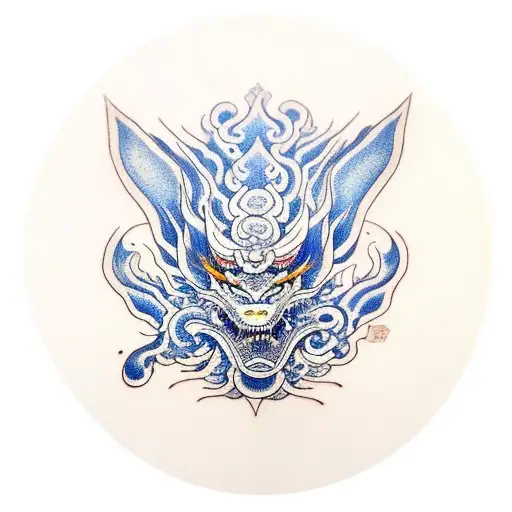 black Dragon with blue eyes and blue mustache tattoo design idea