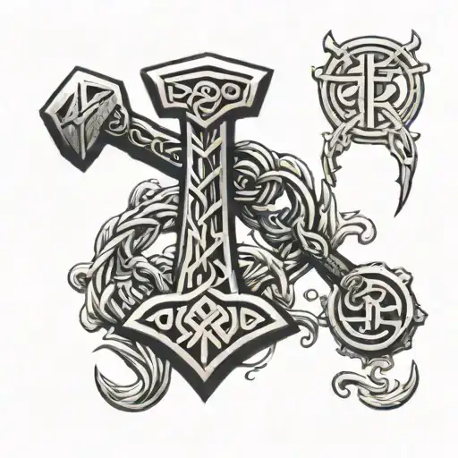 Thor's hammer, strength and power runes intertwined tattoo design idea