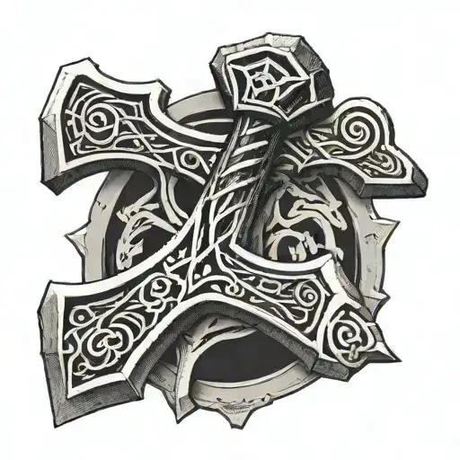 Thor's hammer, strength and power runes engraved tattoo design idea