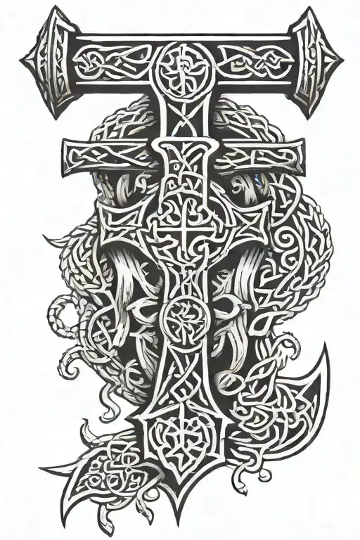 celtic crosstop into mjolnir hammer bottom tattoo design idea