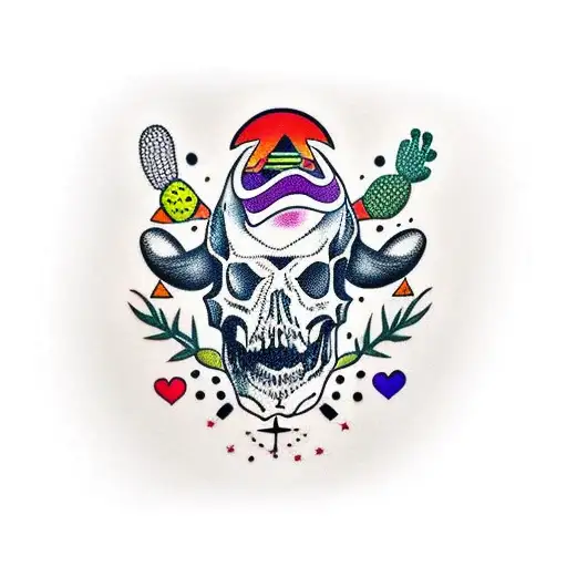 saguaro cactus with a cow skull infront, in the colors of the Arizona Flag  tattoo design idea