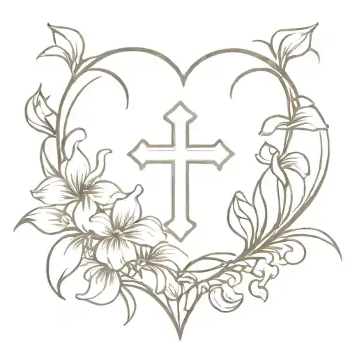 violets and irises forming into a heart around a christian cross tattoo design idea