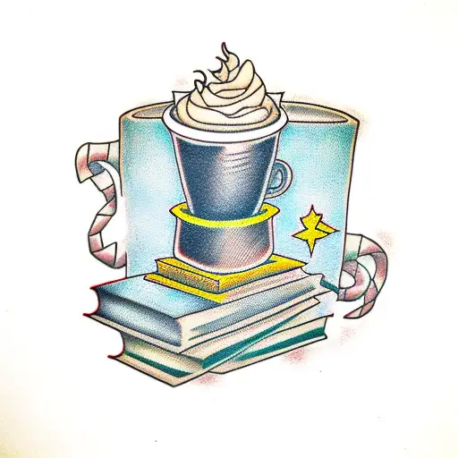 books and coffee tattoo design idea