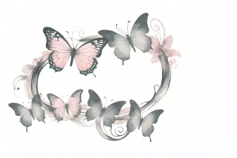 Butterflies are flying around the "BOW" logo, pink and black tattoo design idea