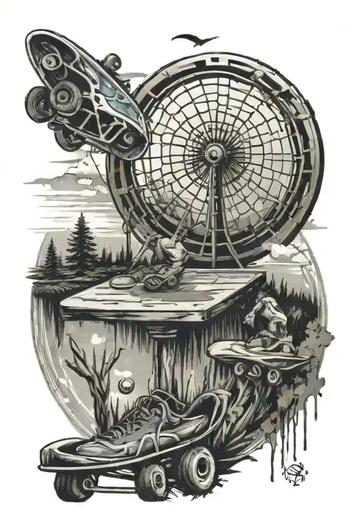 disc golf basket and skateboard tattoo design idea