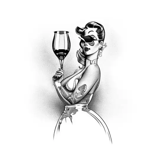 A tattoo design of a voluptuous pin-up girl holding a glass of bourbon and a cigar, showcasing the client's favorite things tattoo design idea