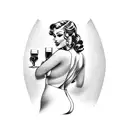 A tattoo design of a voluptuous pin-up girl holding a glass of bourbon and a cigar, showcasing the client's favorite things tattoo design idea