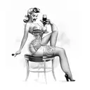 A tattoo design of a voluptuous pin-up girl holding a glass of bourbon and a cigar, showcasing the client's favorite things tattoo design idea