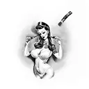 A tattoo design of a voluptuous pin-up girl holding a glass of bourbon and a cigar, showcasing the client's favorite things tattoo design idea
