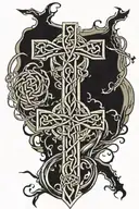 Celtic Knot cross surrounded by a wind storm of black music notes tattoo design idea
