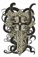 Celtic Knot cross surrounded by a wind storm of black music notes tattoo design idea