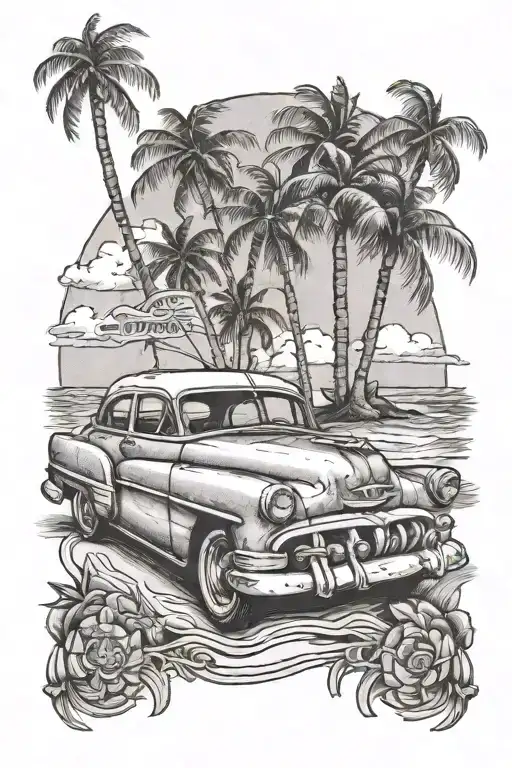 old cuban car with a beach in the background and palm trees tattoo design idea