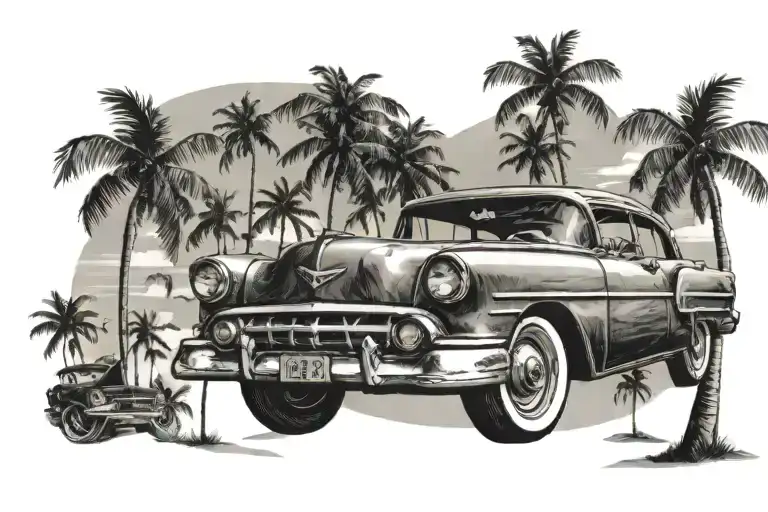 old cuban car with a beach in the background and palm trees tattoo design idea