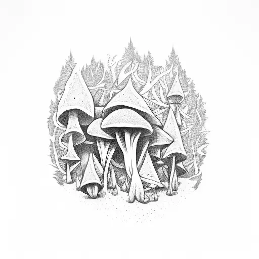 magic mushrooms, rick and morty, wild, forest, high, minimal tattoo design idea
