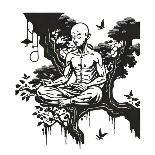 A tattoo of Aang from Avatar: The Last Airbender meditating under a tree with musical notes floating around him, representing your interests in music and the show tattoo design idea