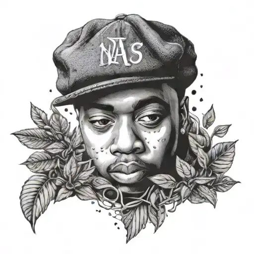 A dotwork design of Nas's iconic album covers blended with images of tea leaves tattoo design idea