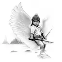 Angelic memorial tattoo of son fishing in black-grey style tattoo design idea
