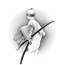 Angelic memorial tattoo of son fishing in black-grey style tattoo design idea