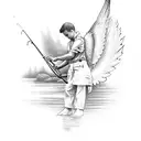 Angelic memorial tattoo of son fishing in black-grey style tattoo design idea