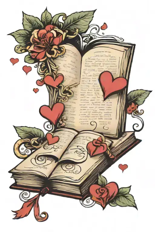 open book with pages that have the words to vivo floating off with hearts  tattoo design idea