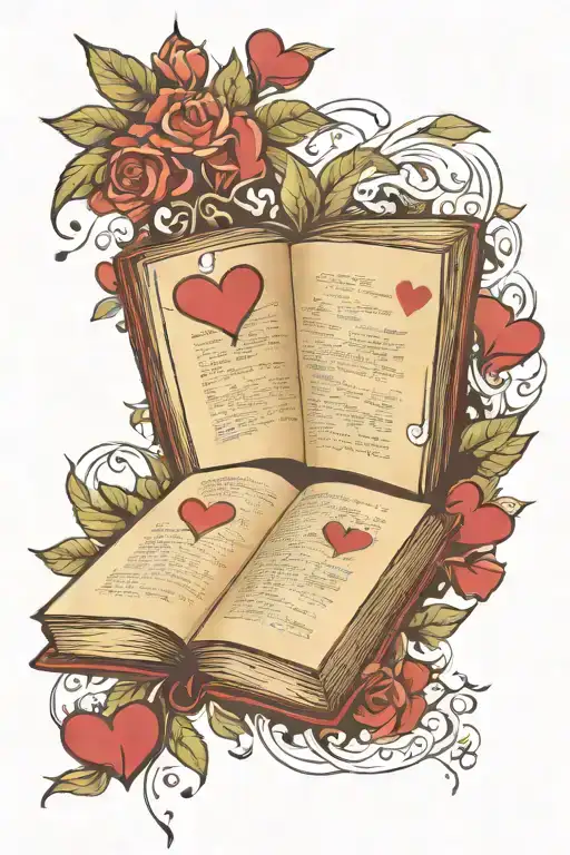 single open book with pages that have the words to vivo floating off with hearts  tattoo design idea