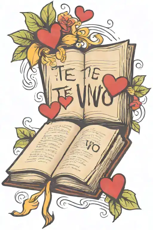 single open book with pages that have the words te vivo floating off with hearts  tattoo design idea