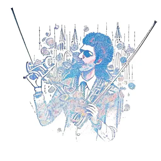A surrealistic scene of a musician playing a violin in a gothic castle surrounded by white flowers and chaotic abstract art tattoo design idea