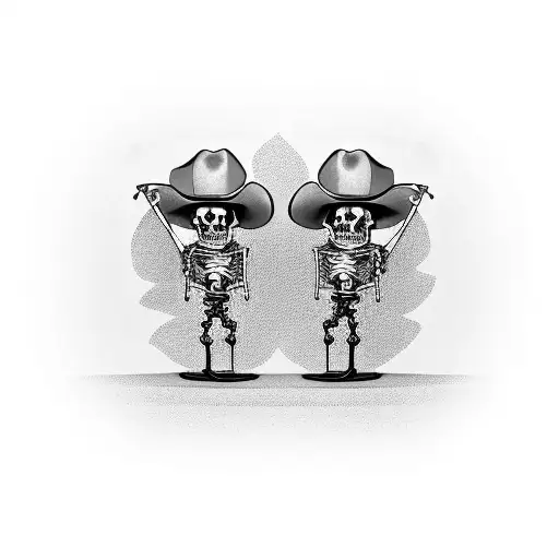 two skeletons in grandiose chairs with cigars and whiskey glasses. clinking glasses wearing cowboy hats tattoo design idea