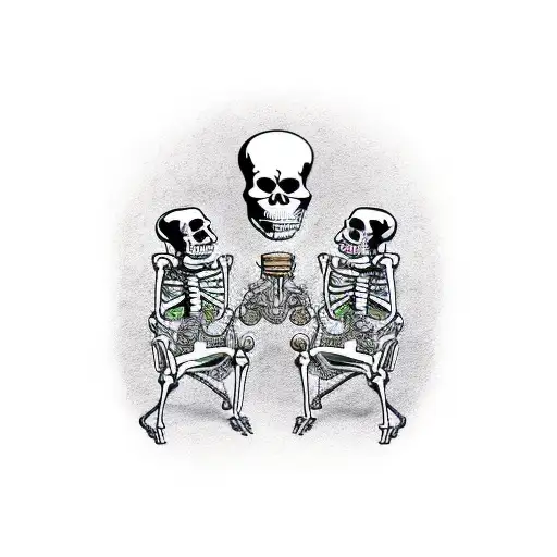 two skeletons in grandiose chairs with cigars and whiskey glasses. clinking glasses wearing cowboy hats tattoo design idea